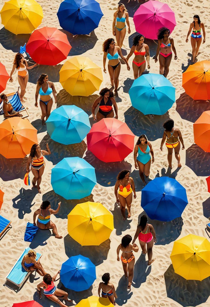 An inviting beach scene featuring diverse models of various body types and ethnicities gracefully wearing vibrant inclusive swimwear sets. Incorporate colorful beach umbrellas and ocean waves in the background, with the sun setting to create a warm glow. Include playful beach accessories like flip-flops and beach balls to enhance the lively atmosphere. super-realistic. vibrant colors. warm tones.