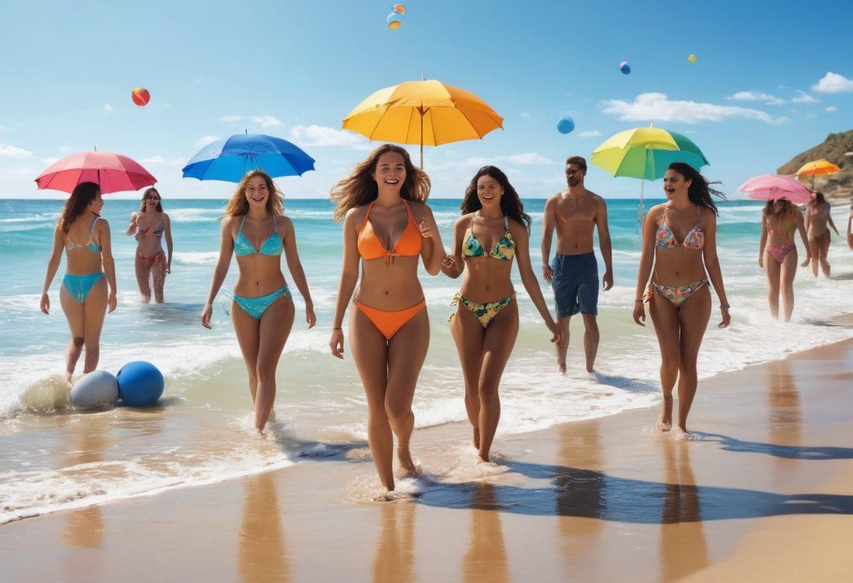 A diverse group of people on a sunny beach, showcasing a variety of stylish beach attire that flatters different body types, featuring vibrant swimwear, cover-ups, and accessories. The scene includes colorful umbrellas and beach balls, with waves crashing in the background, emphasizing a fun and inclusive atmosphere. Bright, sunny skies and clear blue water enhance the mood. super-realistic. vibrant colors.